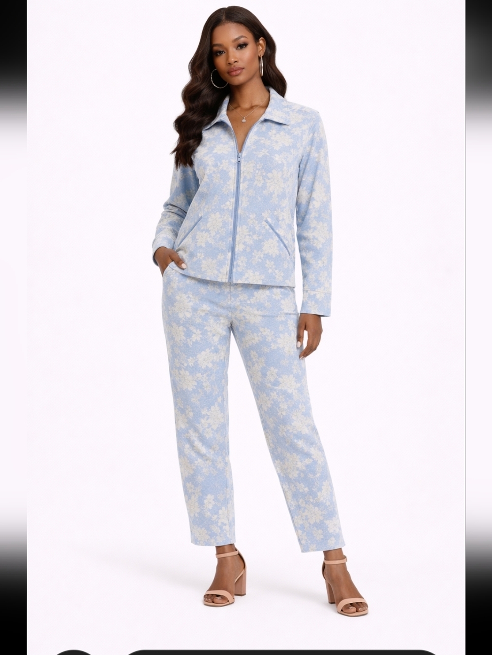 Per Se By Carlise Light Blue Floral Jacket and Pants Set